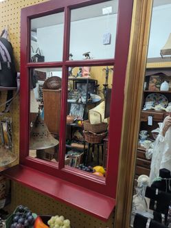 Red Wood Window Frame Wall Mirror