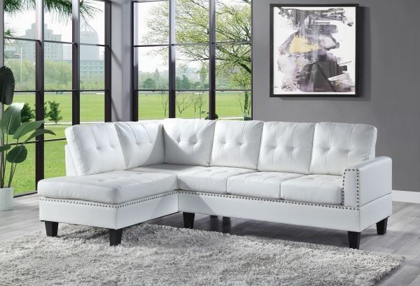 New! White Leather Nailhead Sectional Sofa