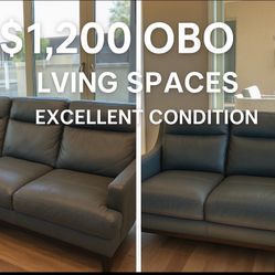 Modern, Gray Leather Sofa And Loveseat Set-