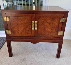 Vintage Campaign-Style Burl Wood Side Table / Nightstand Cabinet – Brass Hardware