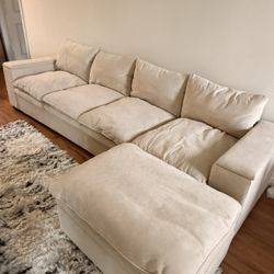 Beige Velvet/ Teddy 4 Seater Sectional Couch With Ottoman 