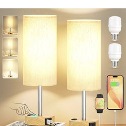 Touch Bedside Table Lamps Set - 3 Way Dimmable Bedroom Lamps Set of 2 with USB C and A Ports, Small Lamps for Nightstand with AC Outlet, Wood Base Rou