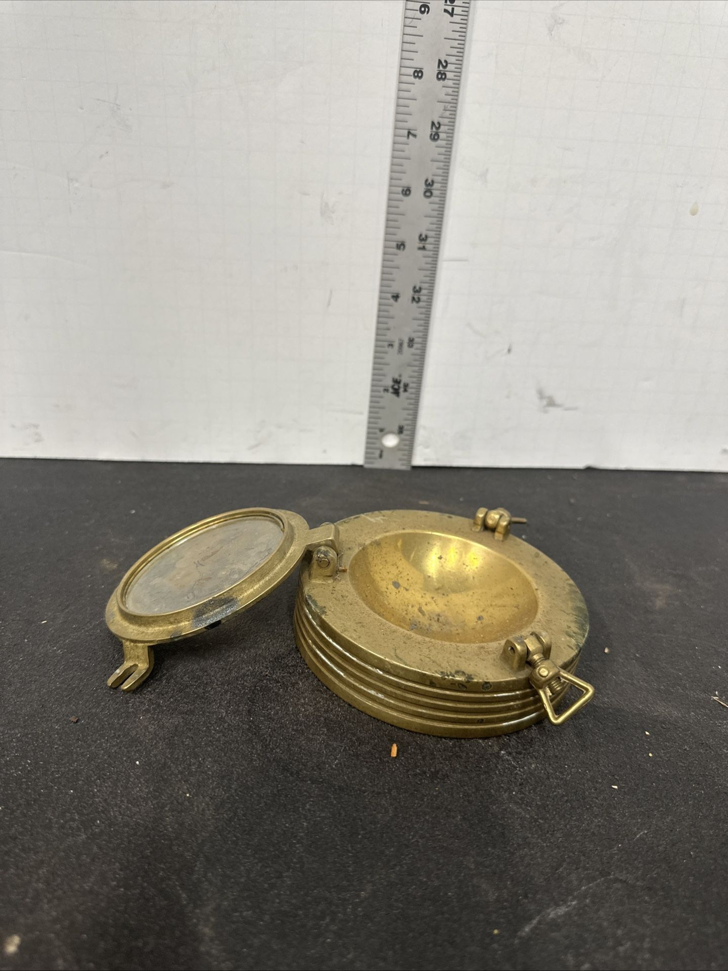 Vintage Nautical Antique Brass Glass Port Hole Trinket box Paper Weight Ash #D10