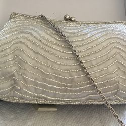 Brand New Beaded Silver Evening Purse