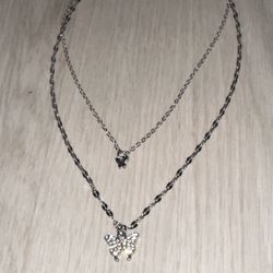 Double Butterfly Two Chained Rhinestones Silver Tone girls Necklace