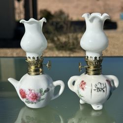 2 Vintage Mini Oil Kerosene Finger Lamp Porcelain Floral White Shade 4.5" Rose