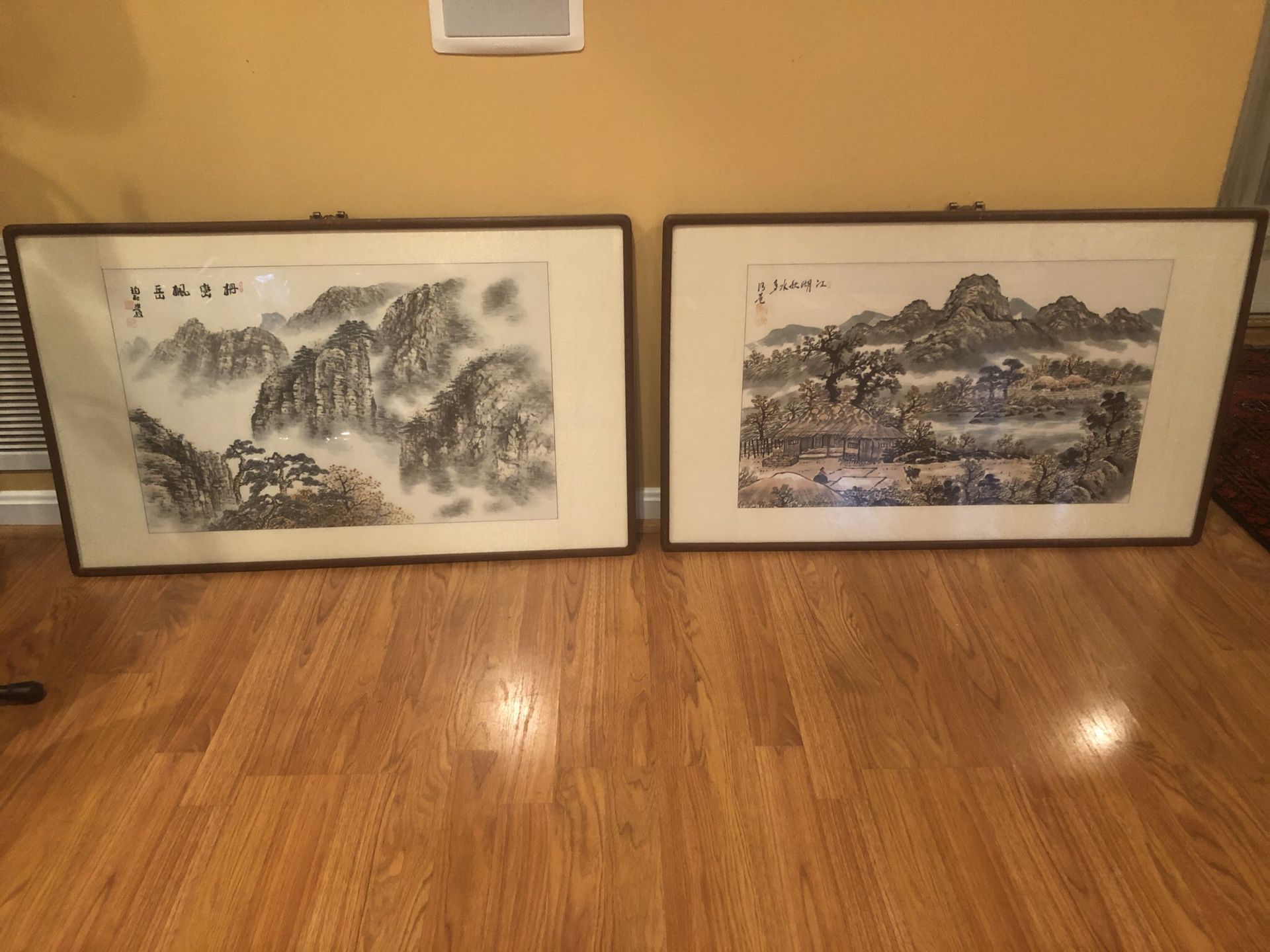 Korean painting on silk borders, 36 ins wide x 22 ins high. Wooden frame. Selling as a pair. To pick up in Chantilly, CASH only. Wear mask. Please