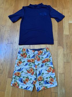 Boys M Swimwear Set: Cat &Jack Navy Rash Guard Shirt & Lands' End Tropical Trunk