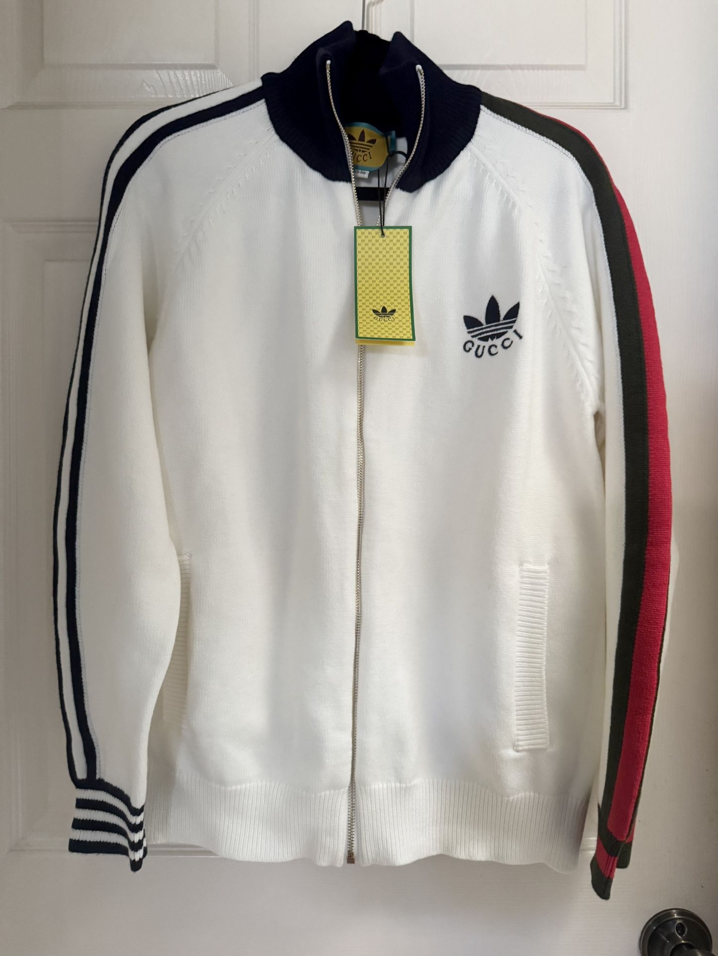 GG White Knitted Zip-Up Logo Unisex Jacket Cardigan