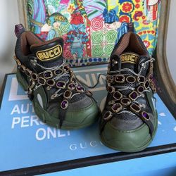 gucci flashtrek green with purple crystal embelishments
