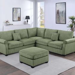 Brand New Sage Green Corduroy Sectional Sofa w Ottoman 