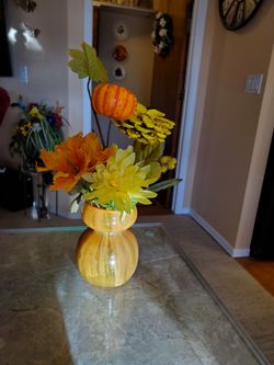 5-in tall alcohol ink on pumpkin shaped vase, orange / yellow