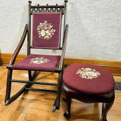 Antique Victorian Folding Mahogany Rocker Chair And Foot Stool