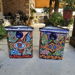 Talavera Blue Rim Triangle Clay Pots. Planters. Plants, Pottery $65 cada una