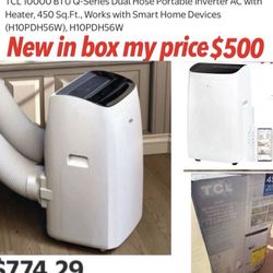2&1 A/C heater New in box TCL 10000 BTU Q-Series Dual Hose Portable Inverter AC with Heater, 450 Sq.Ft., Works with Smart Home Devices (H10PDH56W), H1
