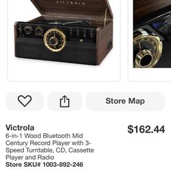 Victrola 6-in-1 Wood Bluetooth Mid Century Record Player with 3-Speed Turntable, CD, Cassette Player and Radio Store