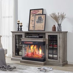 Fireplace TV Stand for TVs up to 65'', 3-Sided Glass Media Entertainment Center Console Table with Door Closed Storage