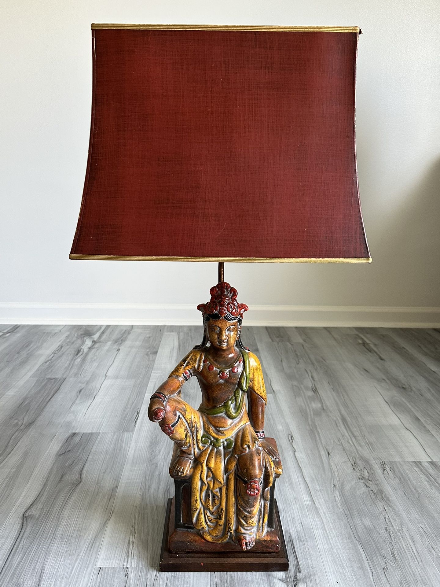 Vintage Asian Hand Carved & Painted Wooden Lamp