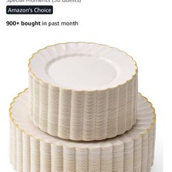 BY MADEE HEAVYWEIGHT 100pcs SCALLOPED PLASTIC PLATES WITH GOLD TRIM  50 dinner plates 50 cake or salad plates Thick reusable plastic plates