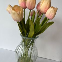 Clear Vase With Faux Tulips