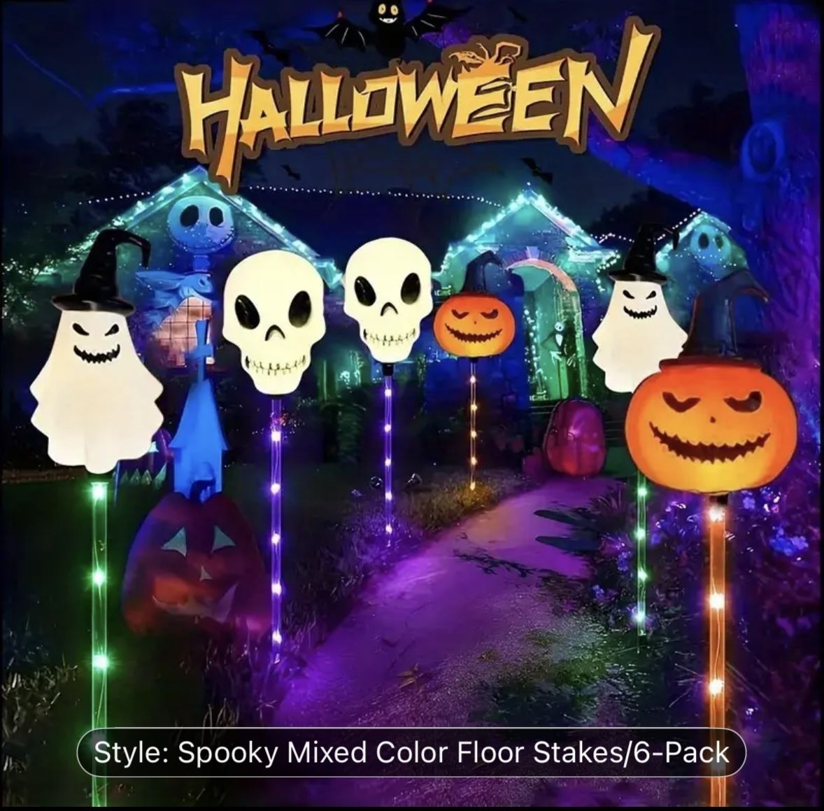 6-Pack Solar-Powered Halloween Ground Lights - Spooky Outdoor Decoration with Ghosts, Jack-o'-Lanterns - Waterproof Stake Lights for Garden, Lawn, etc