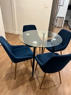 Dining table set round glass with blue and gold chairs velvet set of 4