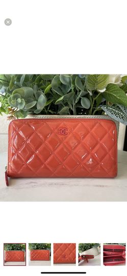 CHANEL 100 Authentic Patent Leather Quilted Zip Around Wallet 