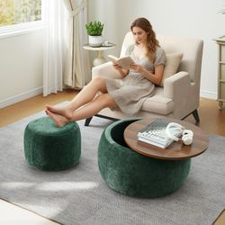 Aukfa 2pc Round Storage Ottoman, Chenille Upholstered Pouf Foot Rest Stools, Coffee End Table for Living Room, Bedroom, Dorm, Green
