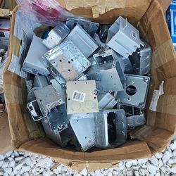 Box Full Of Galvanized And Plastic Switch Boxes And Covers. Steel City, Canter, Hubbell, Etc