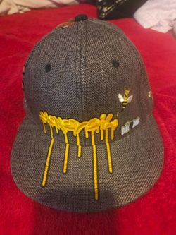 Gray Fitted Hat with Yellow Drip Embroidery