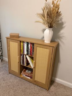Set of 3 Wood and Rattan Cabinet Bookcase (1) and Nightstand (2)