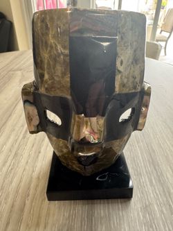 Hand Carved Alabaster Tribal Face Mask Sculpture Bust Mayan Aztec Style 5.25”