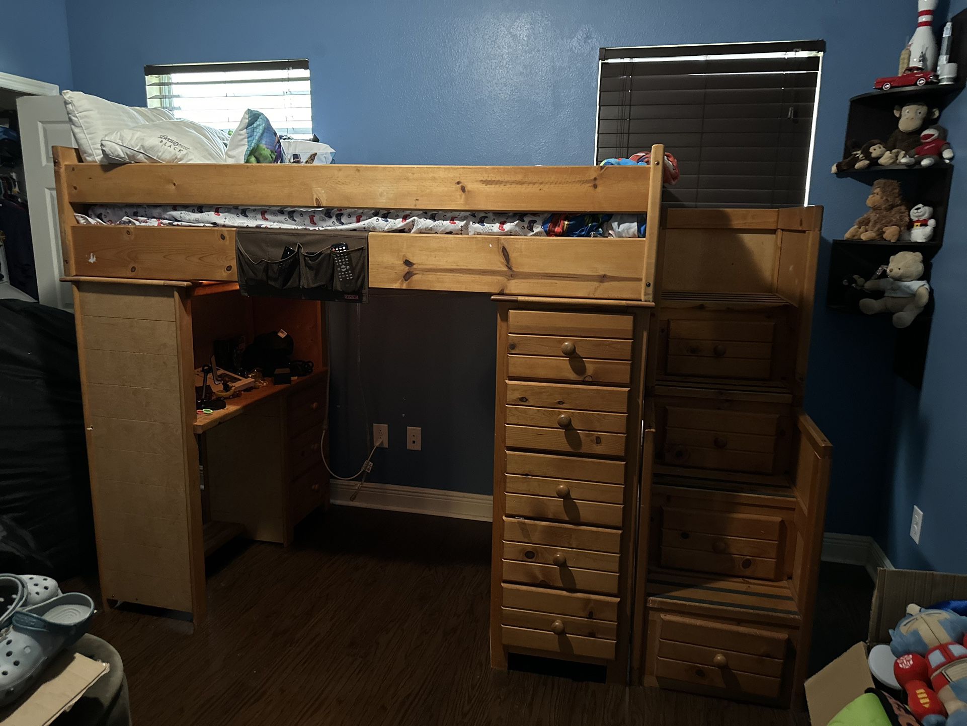 Bunkbed, Wood 2 Twins With Stairs, Ladder, Nine Drawers, A Desk And Shelves