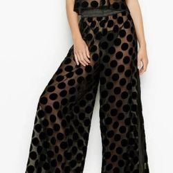 Victoria's Secret VS XL black Wide Leg Dot sheer mesh velvet Pants Sexy Lounge nwot elastic waist  approximately measurements flat unstretched 17" str