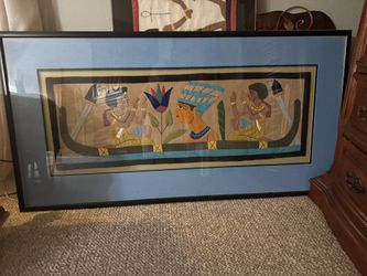 Large Egyptian Cloth Artwork Framed In Glass