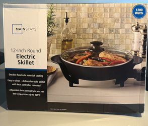 Mainstays 12" Round Ceramic Skillet with Glass Lid ,Black,Nonstick, 1200W, Removable Temp Control, Dishwasher Safe