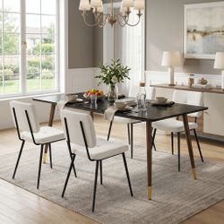 Homy Casa Rosa 5PC Dining Set 55” Black Marble Table with 4 Pomona Beige Fabric Chairs Mid-Century Modern