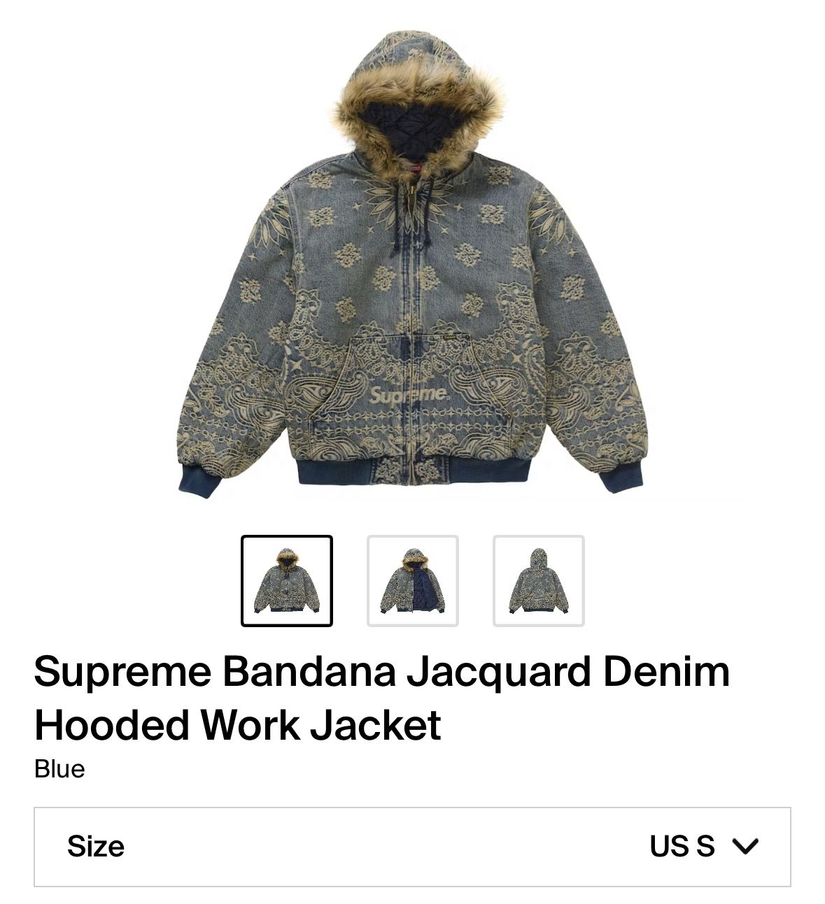 Supreme Bandana Jacquard Denim Hooded Work Jacket Blue Size Small $550