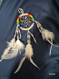 Small Colorful Beautifully Beaded Dream Catcher White Feathers 2.5" Diameter