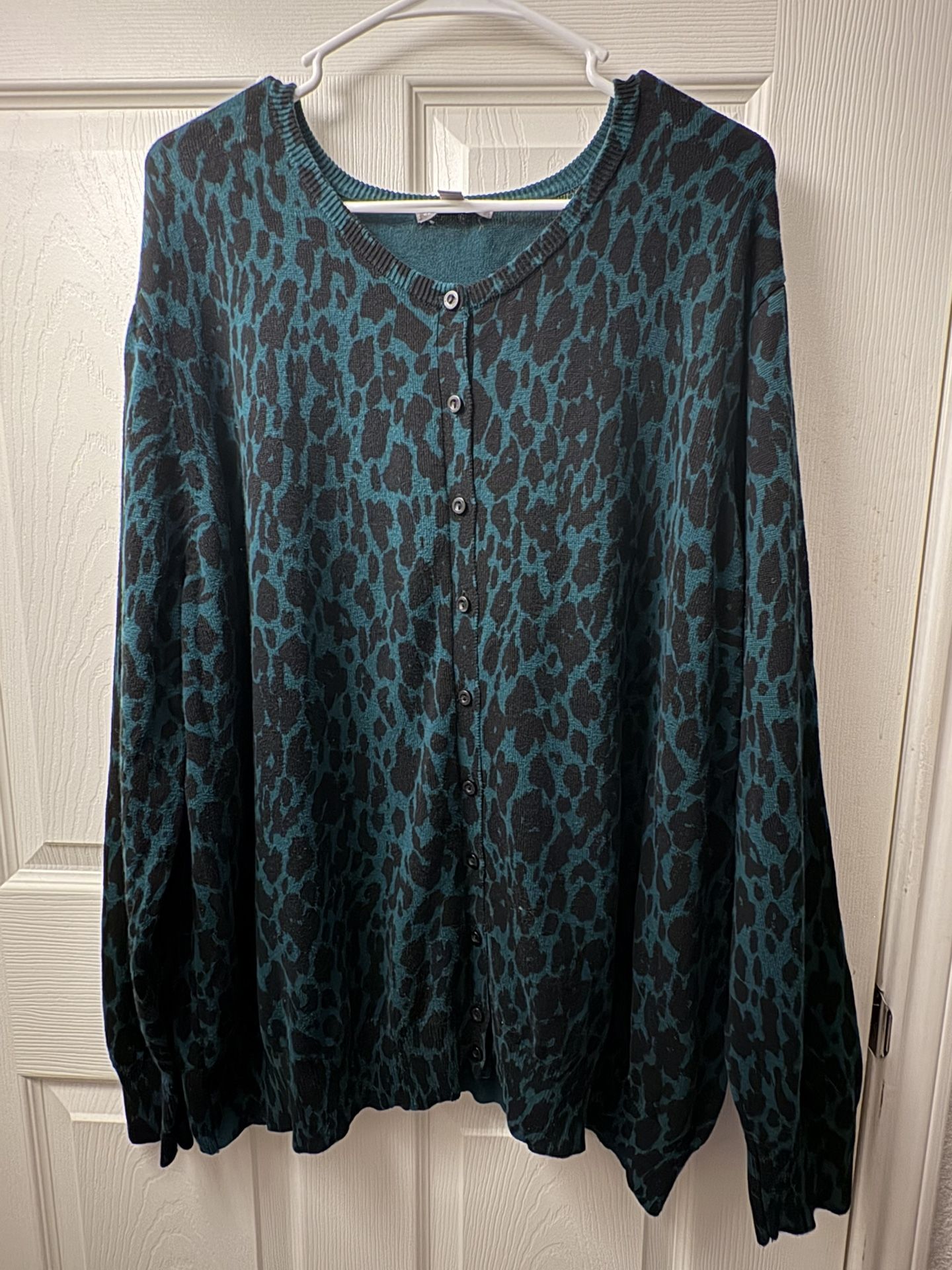 3X Women’s Plus Size Button Down Teal And Black Cheetah Sweater