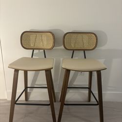 Two Upholstered Rattan Counter & Bar Stools