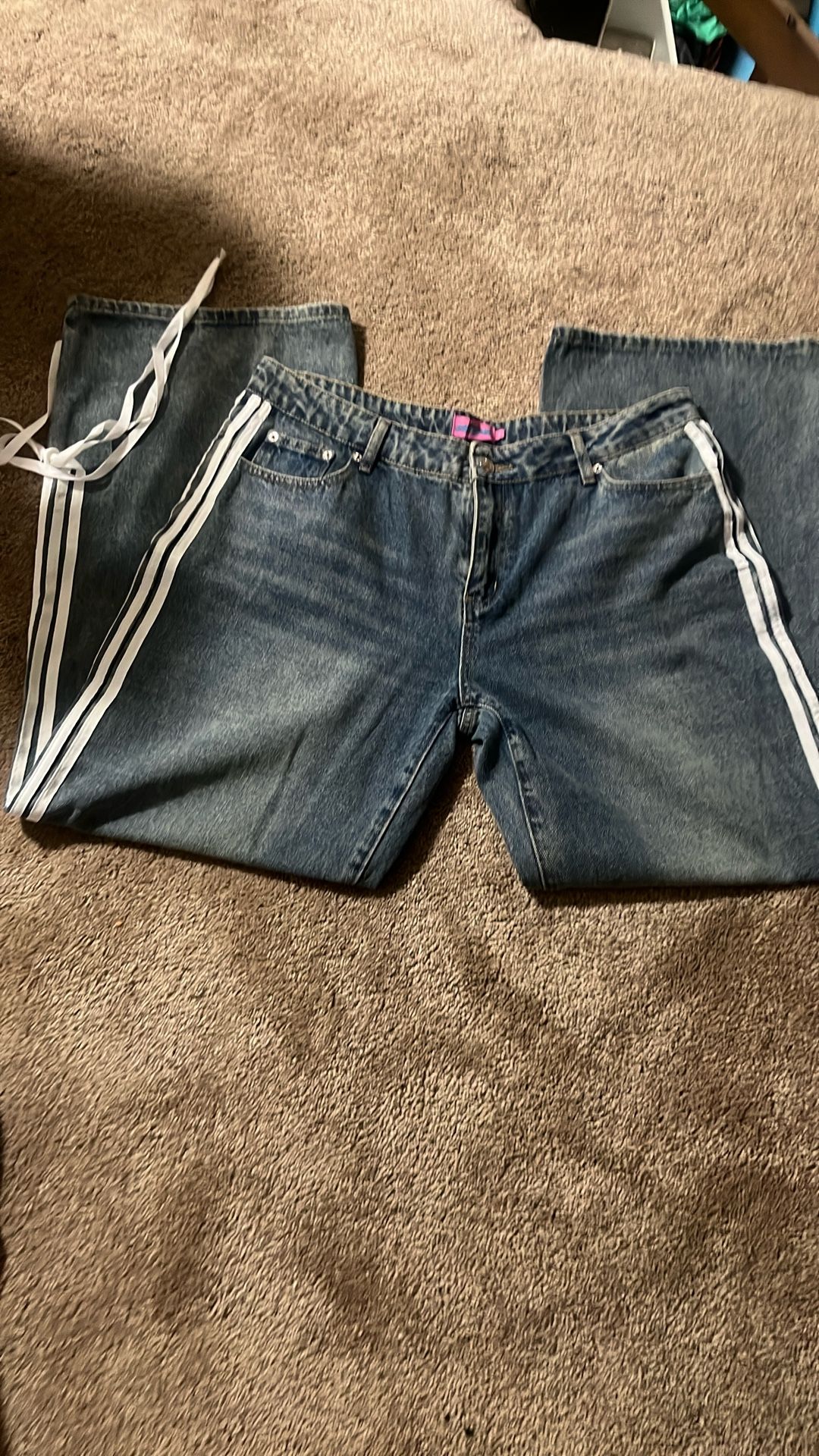 Edikted Baggy Blue Washed Low Rise Ribbon Jeans Size XL