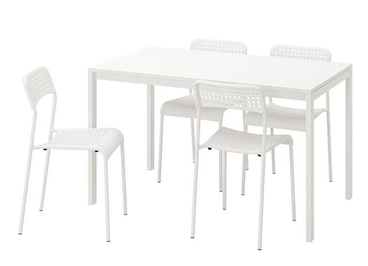 IKEA White Table + 4 White Chairs + 4 Beige Chair Pads