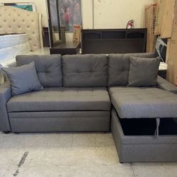 Comfy Gray 90in L-Shape Sleeper Sectional Sofa with Reversible Storage Chaise