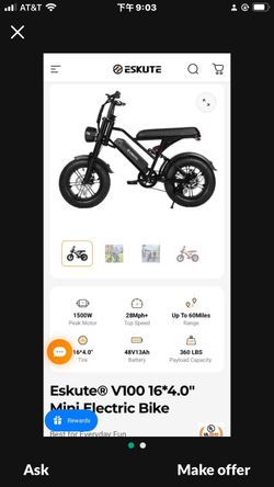 Eskute® V100 16*4.0" Mini Electric Bike