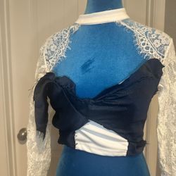 White Lace Long Sleeve Crop Top Costume Piece with Added Navy Front Panel
