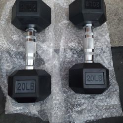20 LBS, PAIR RUBBER HEX DUMBELLS $50