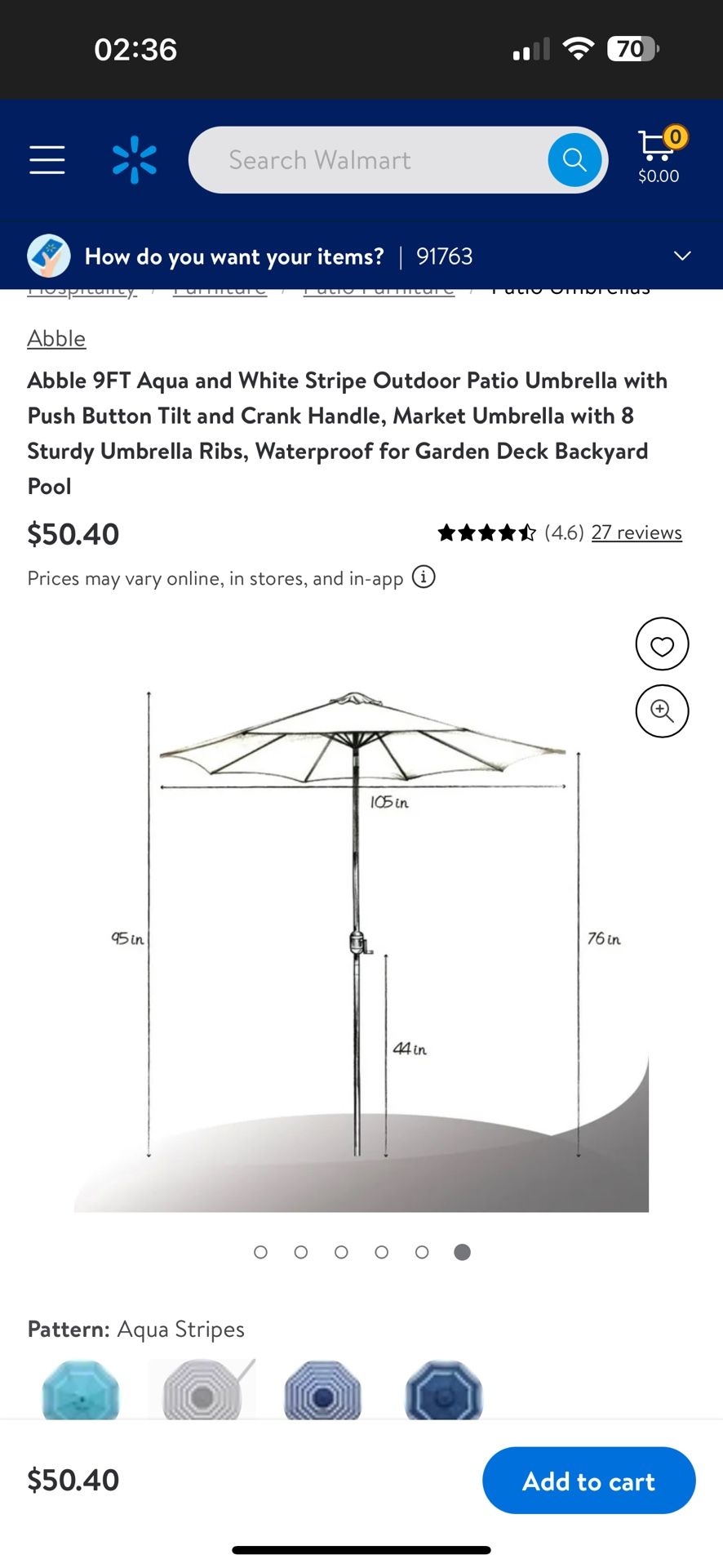 Sku 300286 Abble 9FT Aqua and White Stripe Outdoor Patio Umbrella with Push Button Tilt and Crank Handle, Market Umbrella with 8 Sturdy Umbrella Ribs,