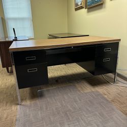 Steelcase Black Metal Desk with Walnut Laminate Top