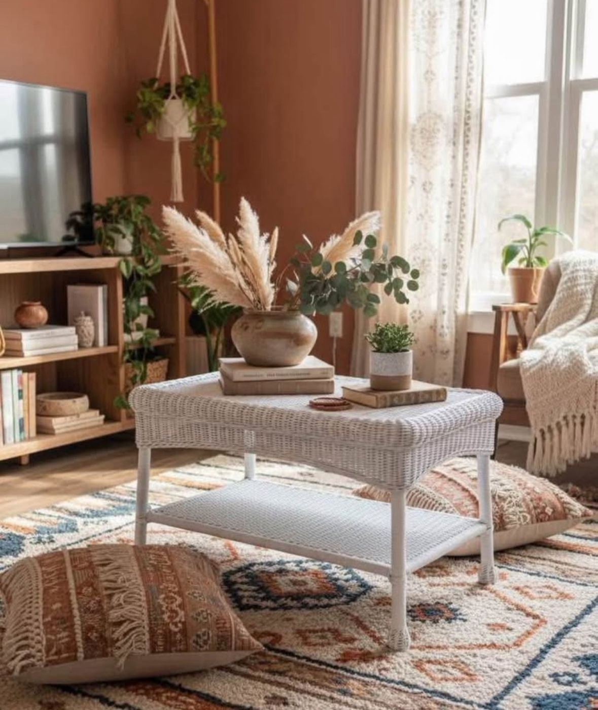 White Wicker Coffee Table with Shelf – Sturdy & Stylish